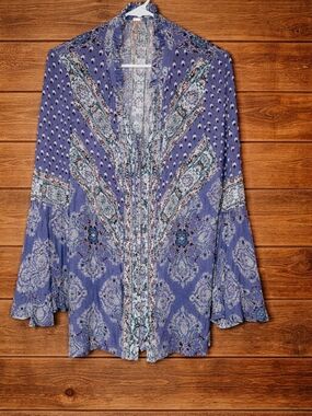 Free People Lavender Blue Paisley Open-Front Boho Blouse